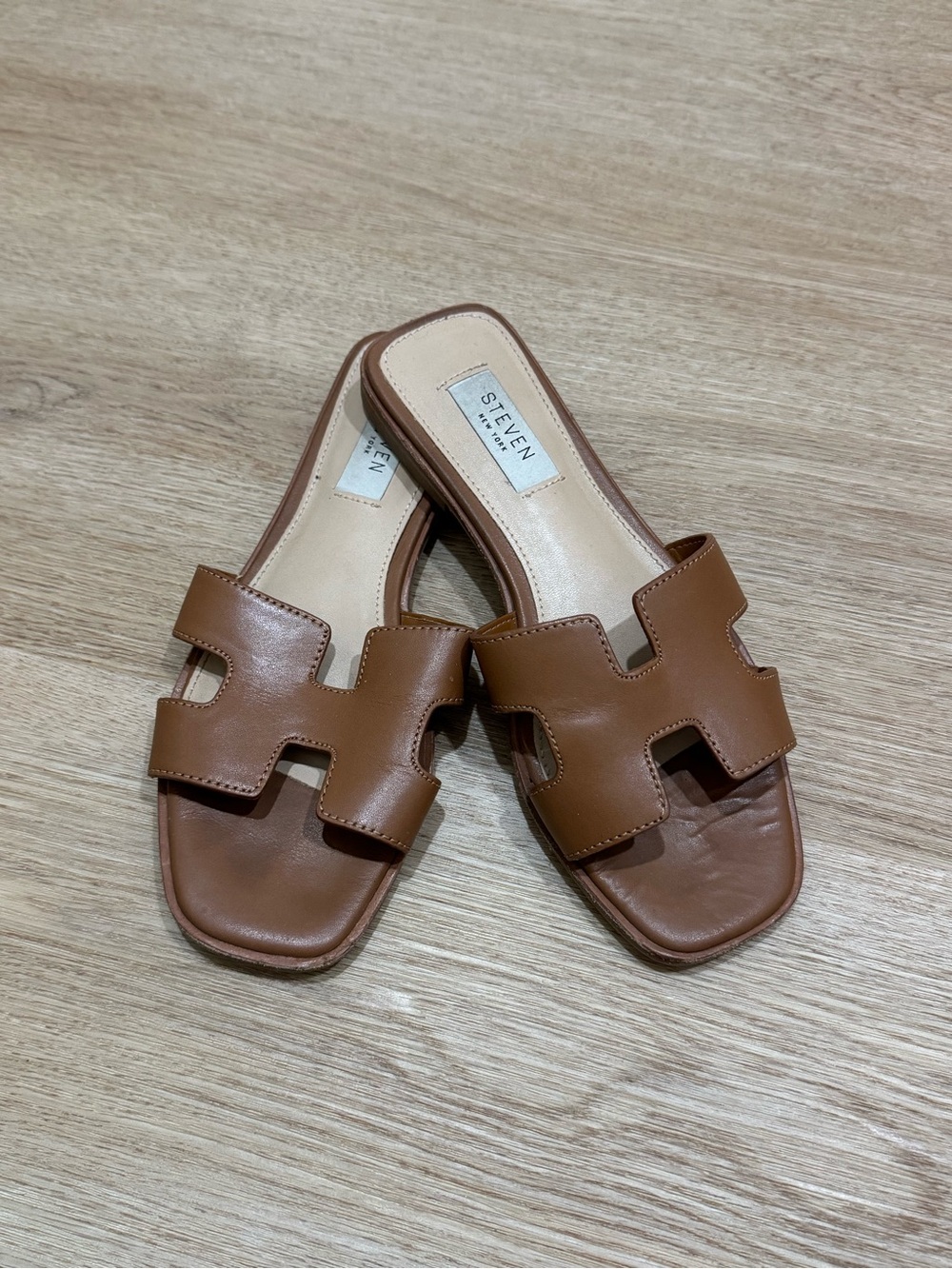 Steven By Steve Madden Cognac Brown Leather Slide Sandals